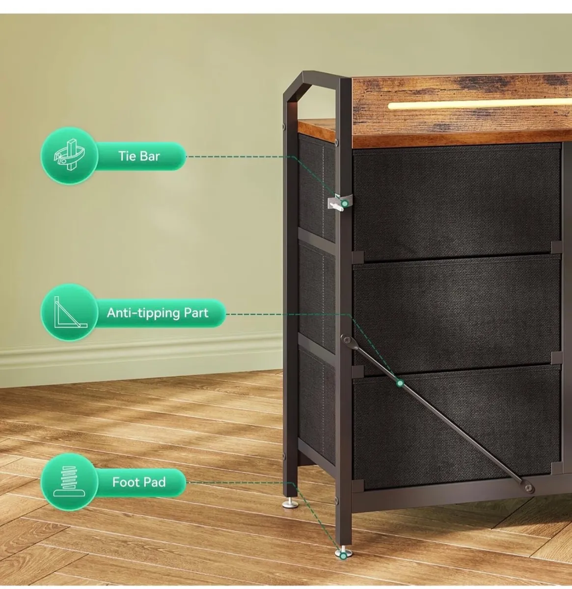Chest of Drawers Bedroom, with LED Light trip with - Image 2