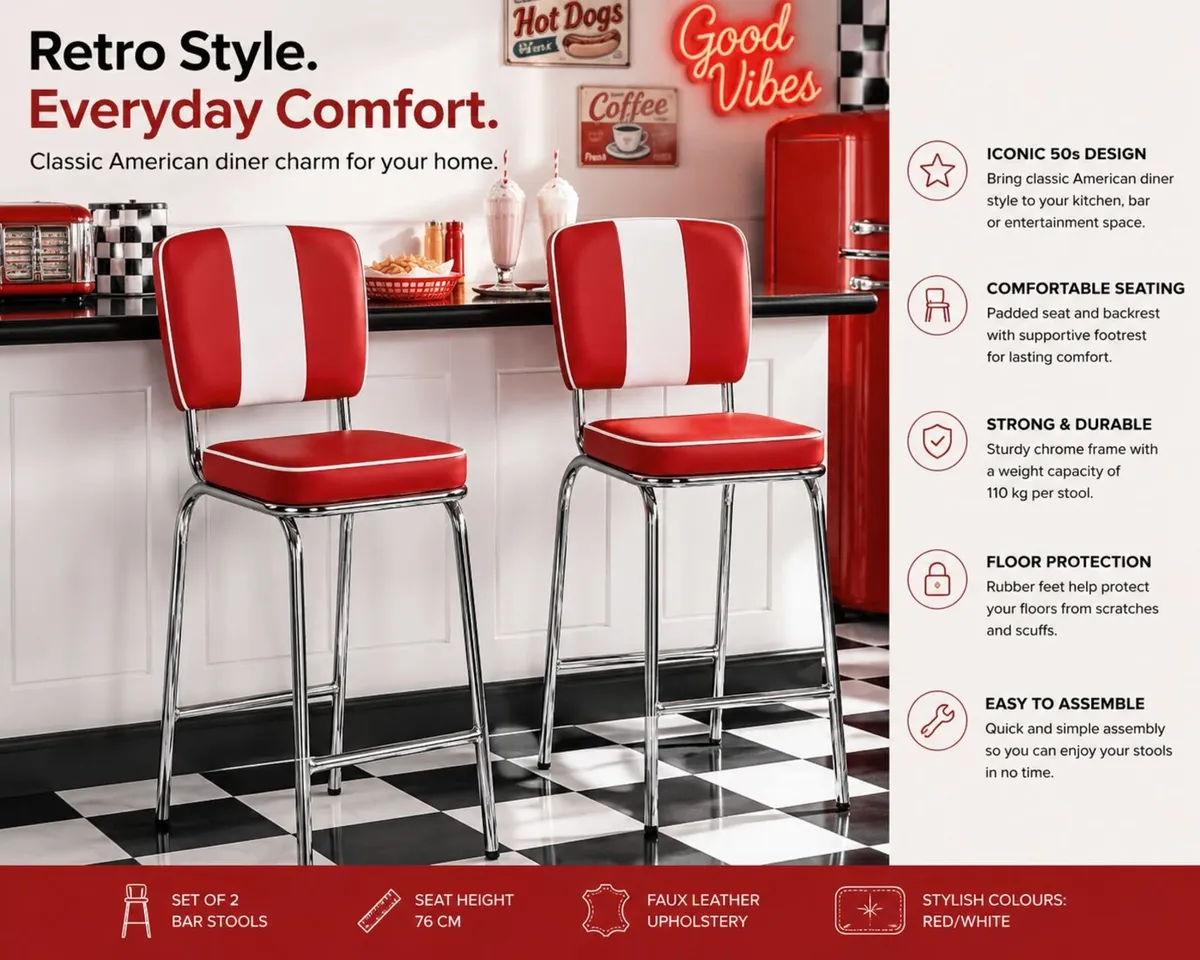 Set of 2 Retro American Diner Bar Stools - Image 1