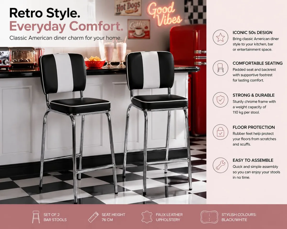 Set of 2 Retro American Diner Bar Stools - Image 2