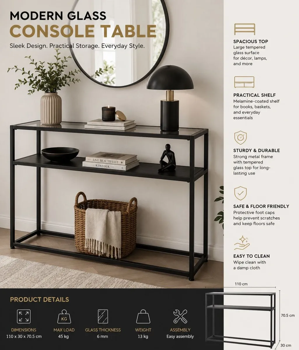 Modern Black Glass Console Table with Storage Shel - Image 1