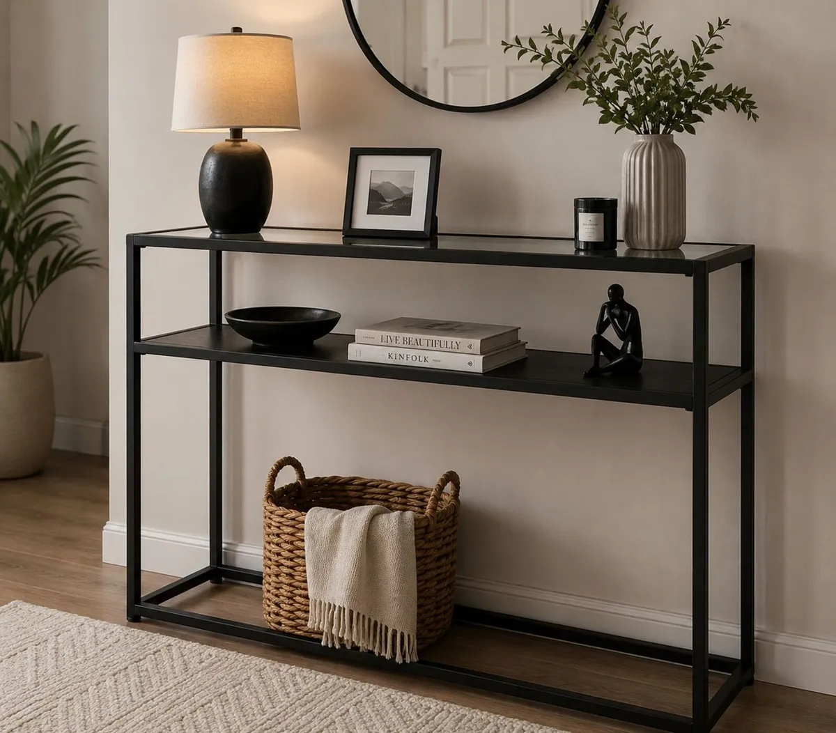 Modern Black Glass Console Table with Storage Shel - Image 2