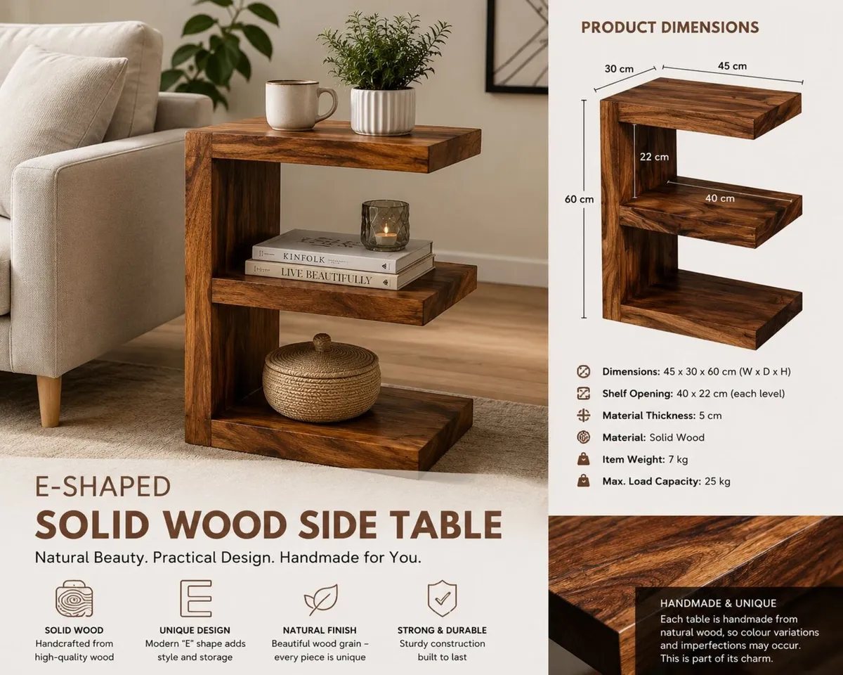 Solid Wood E-Shaped Side Table Handmade Storage & - Image 1