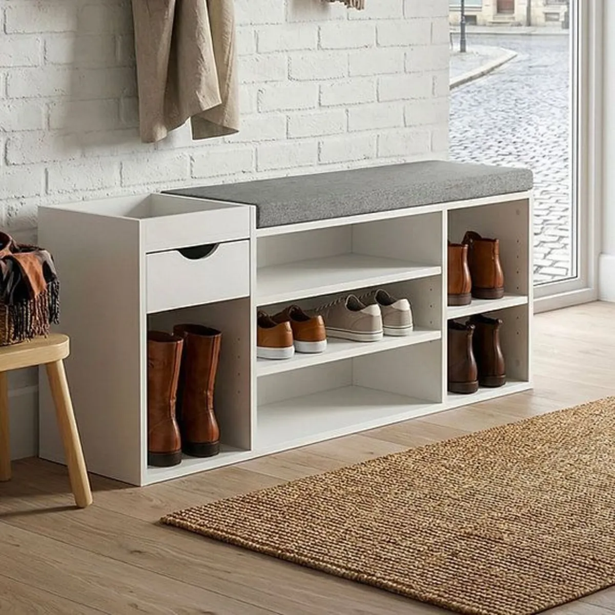 Black Shoe Storage Bench with Cushion & Drawer - Image 3