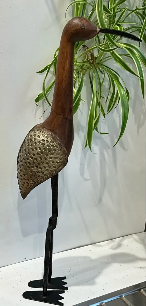 Carved WoodenBird Figurine. Brass & Wood - Image 2