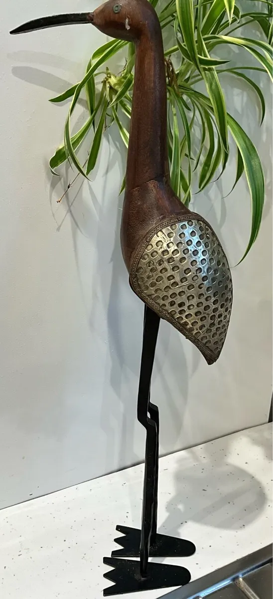 Carved WoodenBird Figurine. Brass & Wood - Image 3