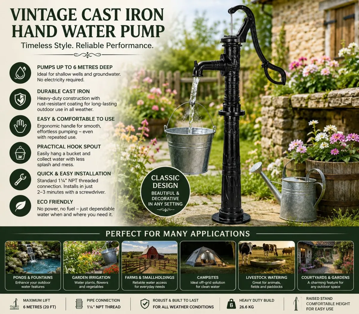 Vintage Cast Iron Hand Water Pump with Stand 20ft - Image 1