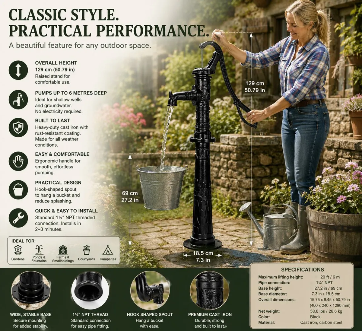Vintage Cast Iron Hand Water Pump with Stand 20ft - Image 2