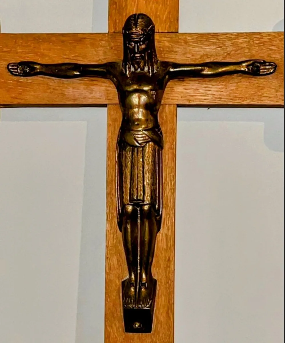 Antique Crucifix - Oak and Brass - Image 1
