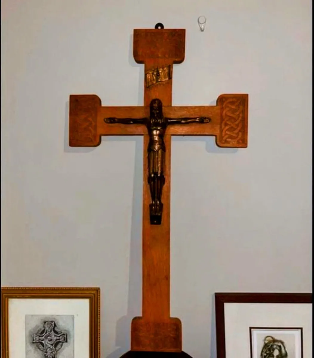 Antique Crucifix - Oak and Brass - Image 2