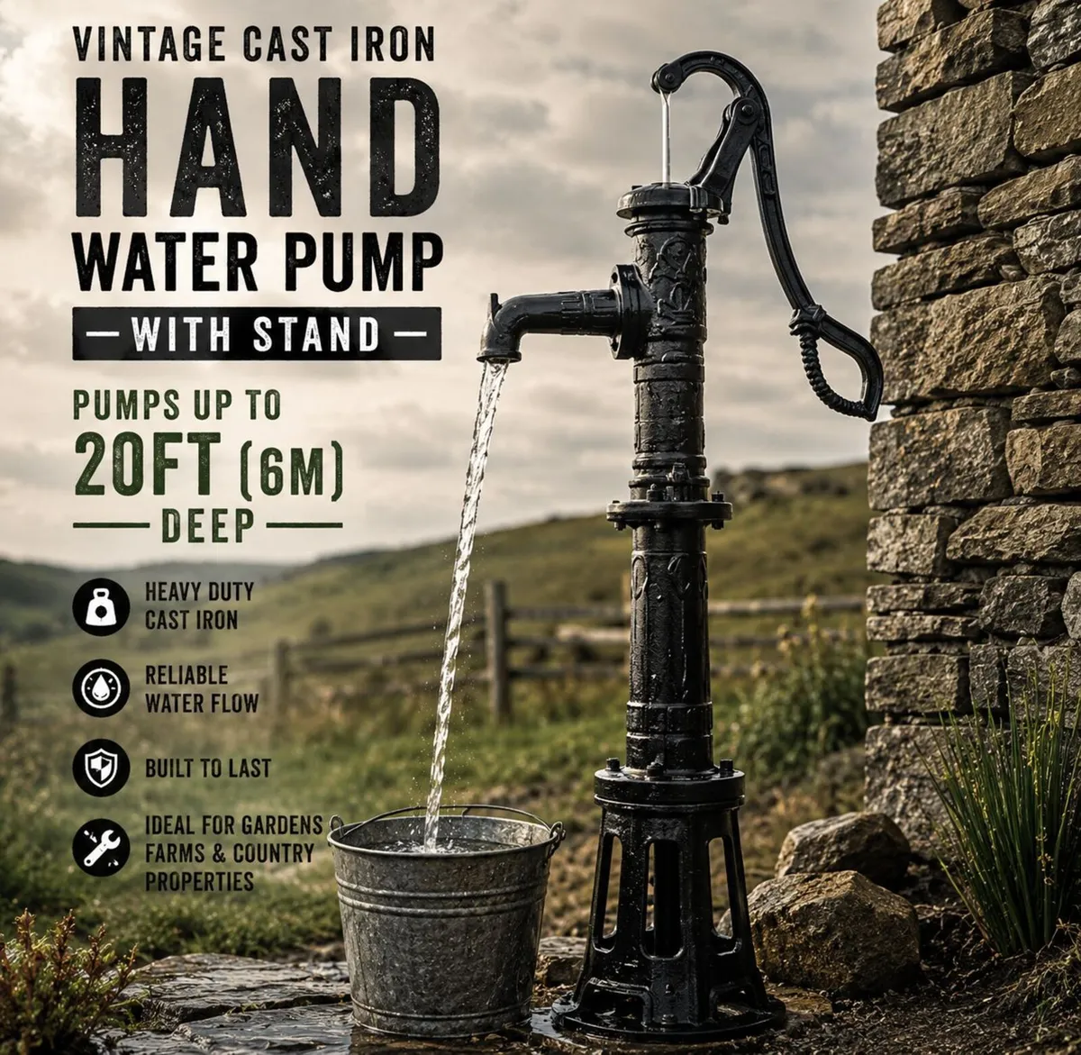 Vintage Cast Iron Hand Water Pump with Stand 20ft - Image 1
