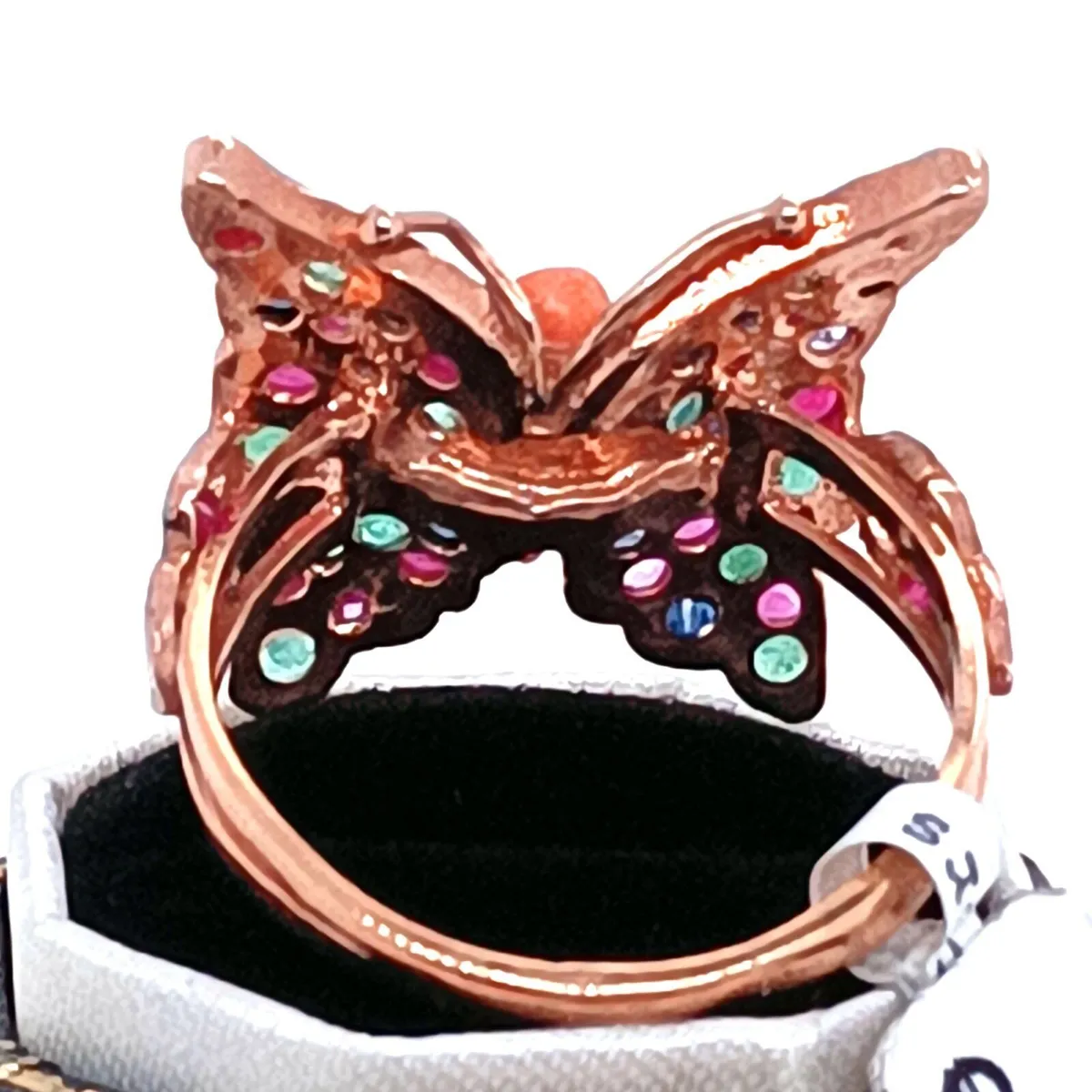 9k Gold Emerald Sapphire Ruby Coral Butterfly Ring - Image 3