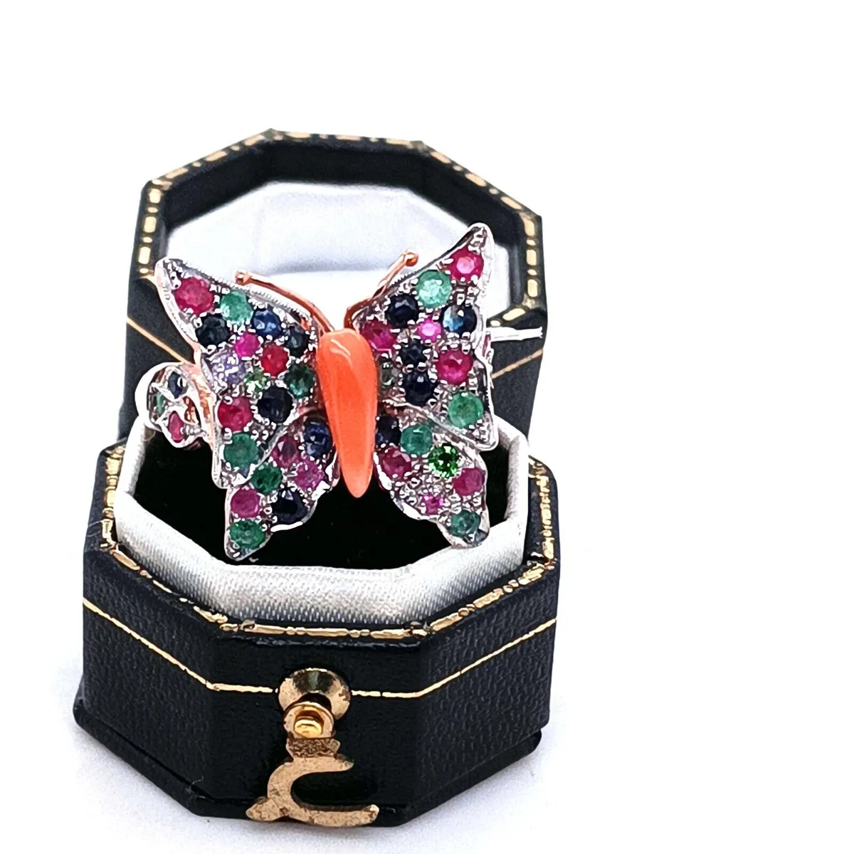 9k Gold Emerald Sapphire Ruby Coral Butterfly Ring - Image 4