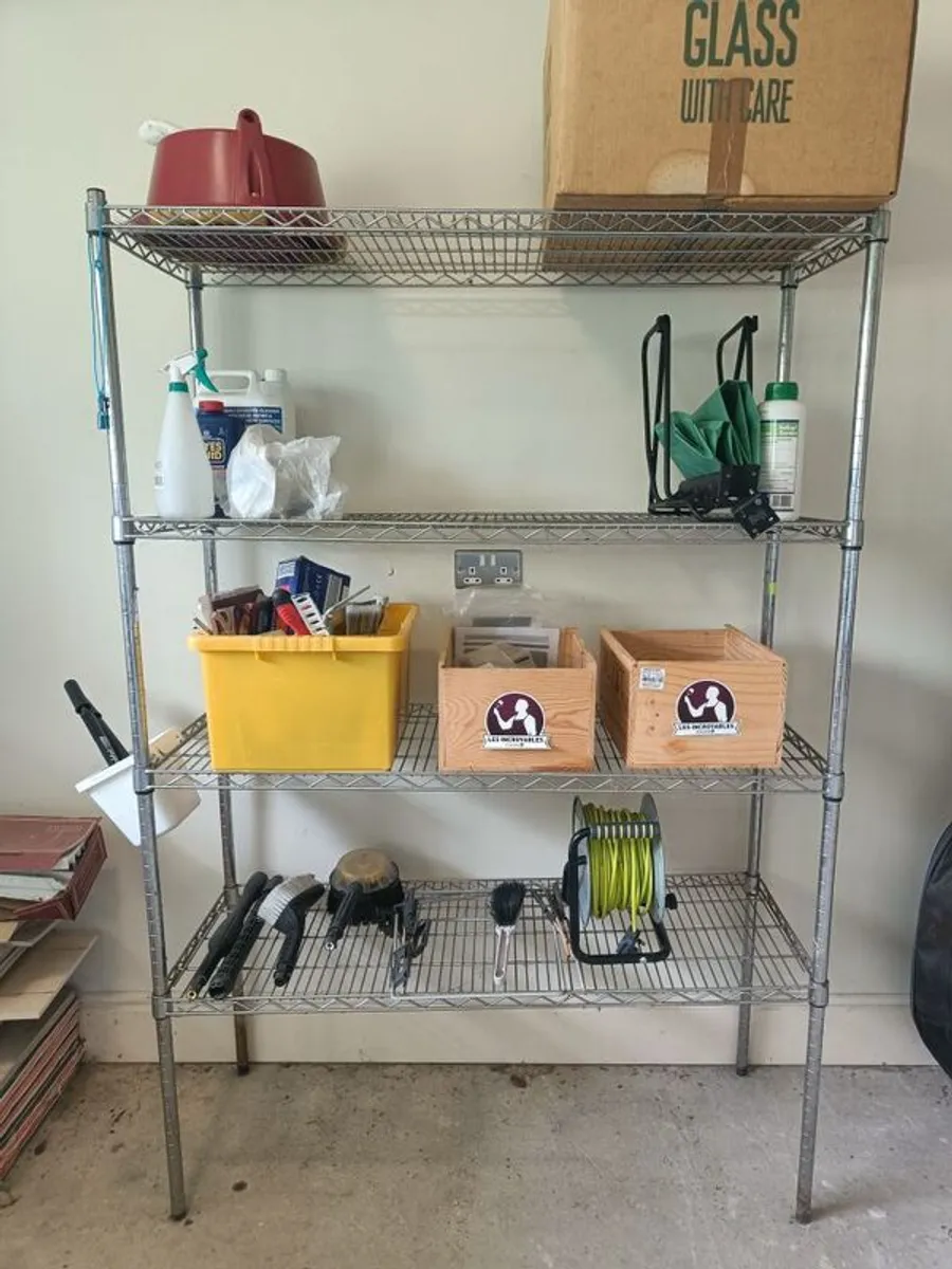 Various prices: Ash vac, wheelbarrow, metal/wooden shelving grease gun inc grease, bins - Image 3