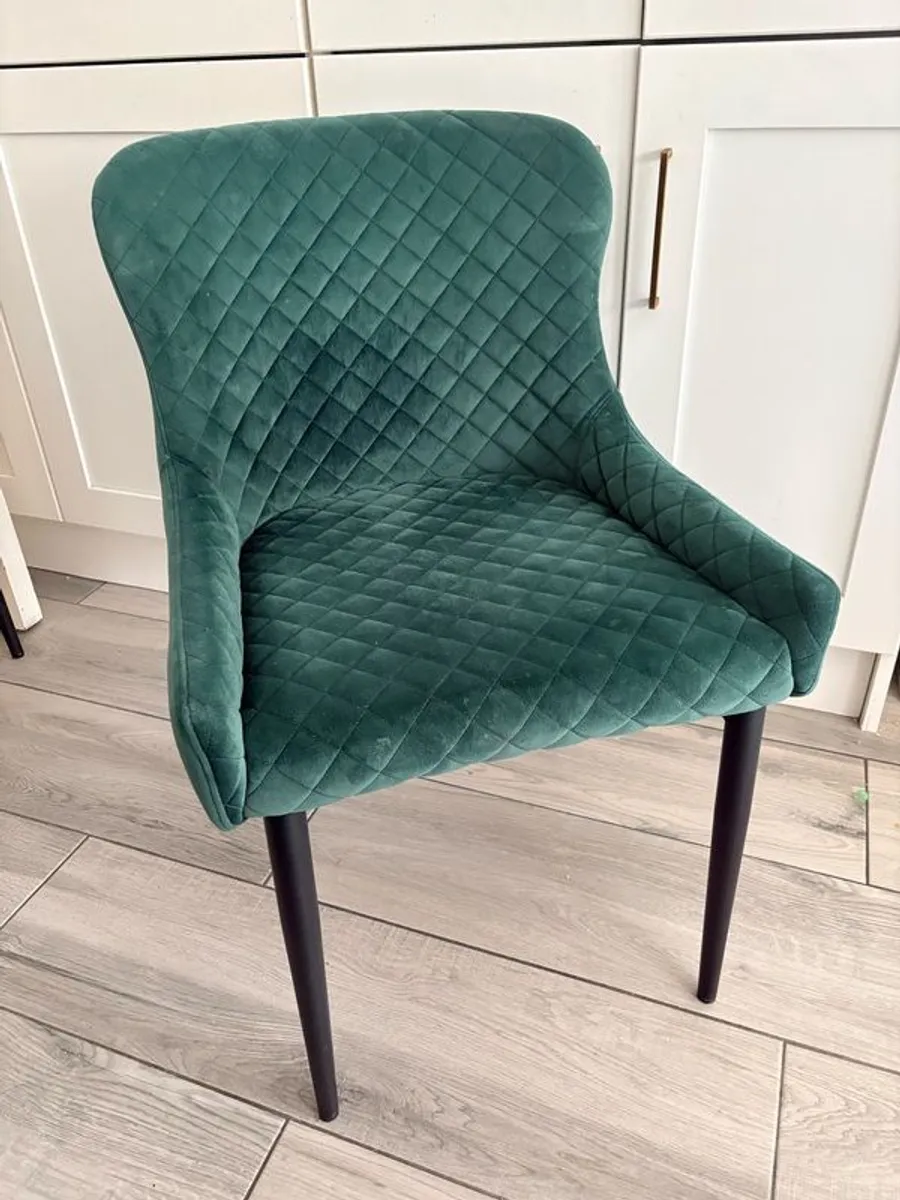 Green velvet dining chairs (x4) plus matching bar stools (x3) - Image 1