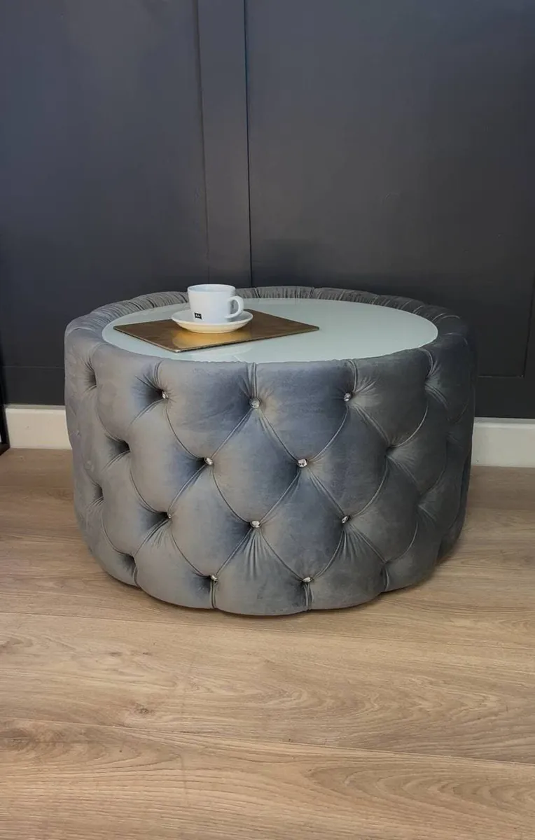 Round Velvet Coffee Table Tinted Glass Top - Image 2