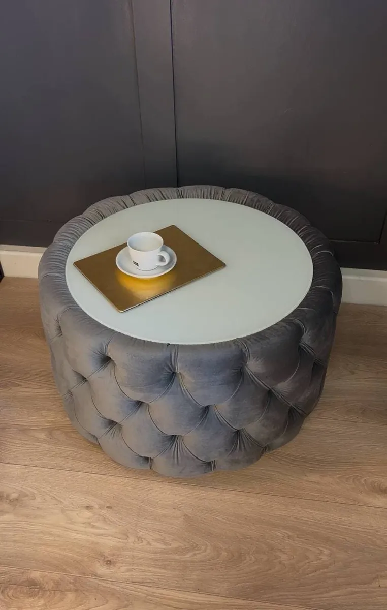 Round Velvet Coffee Table Tinted Glass Top - Image 3