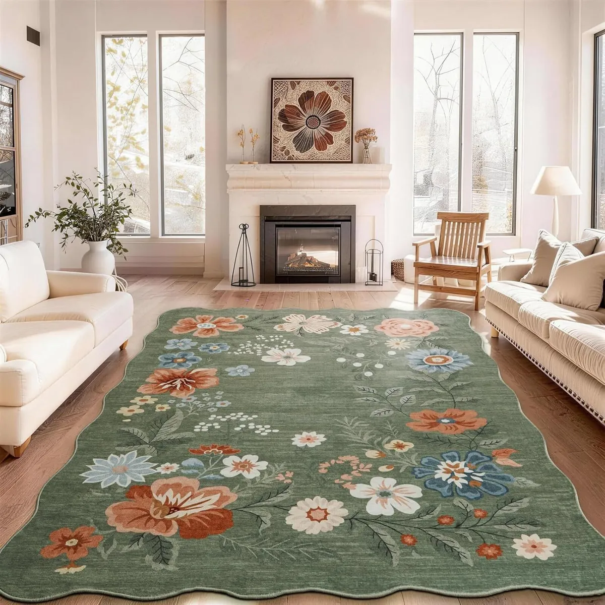 Floral Living Room Rug Vintage Scalloped Boho - Image 1