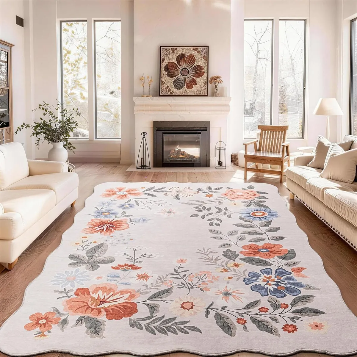 Floral Living Room Rug Vintage Scalloped Boho - Image 1