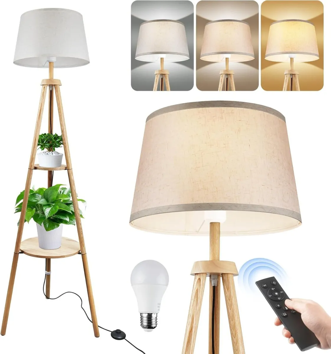 Wood Tripod Floor Lamp with Shelves Dimmable - Image 1