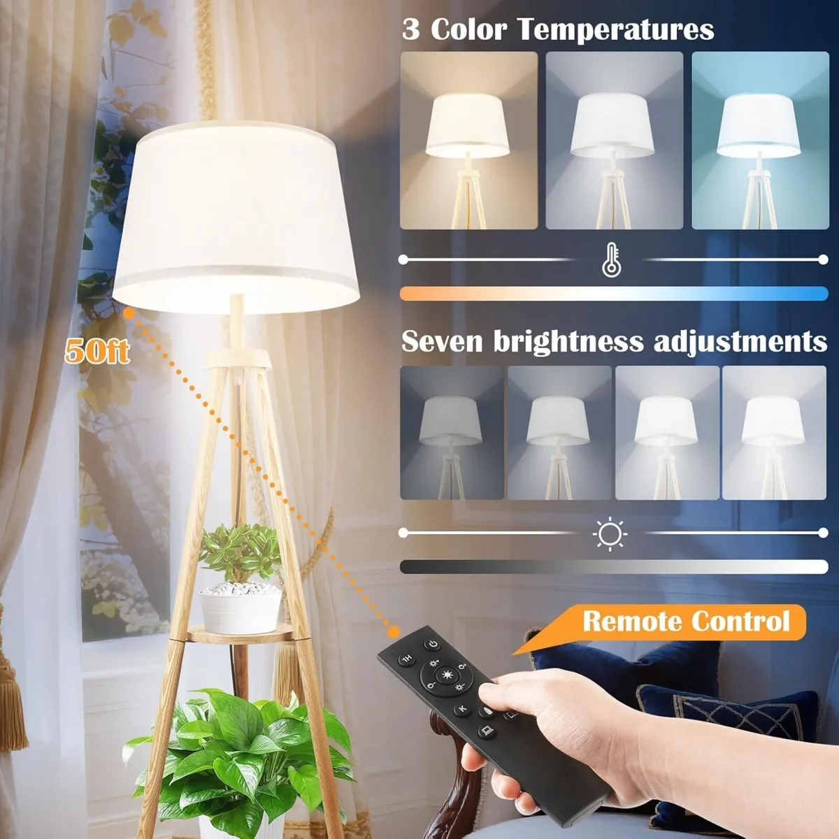 Wood Tripod Floor Lamp with Shelves Dimmable - Image 2