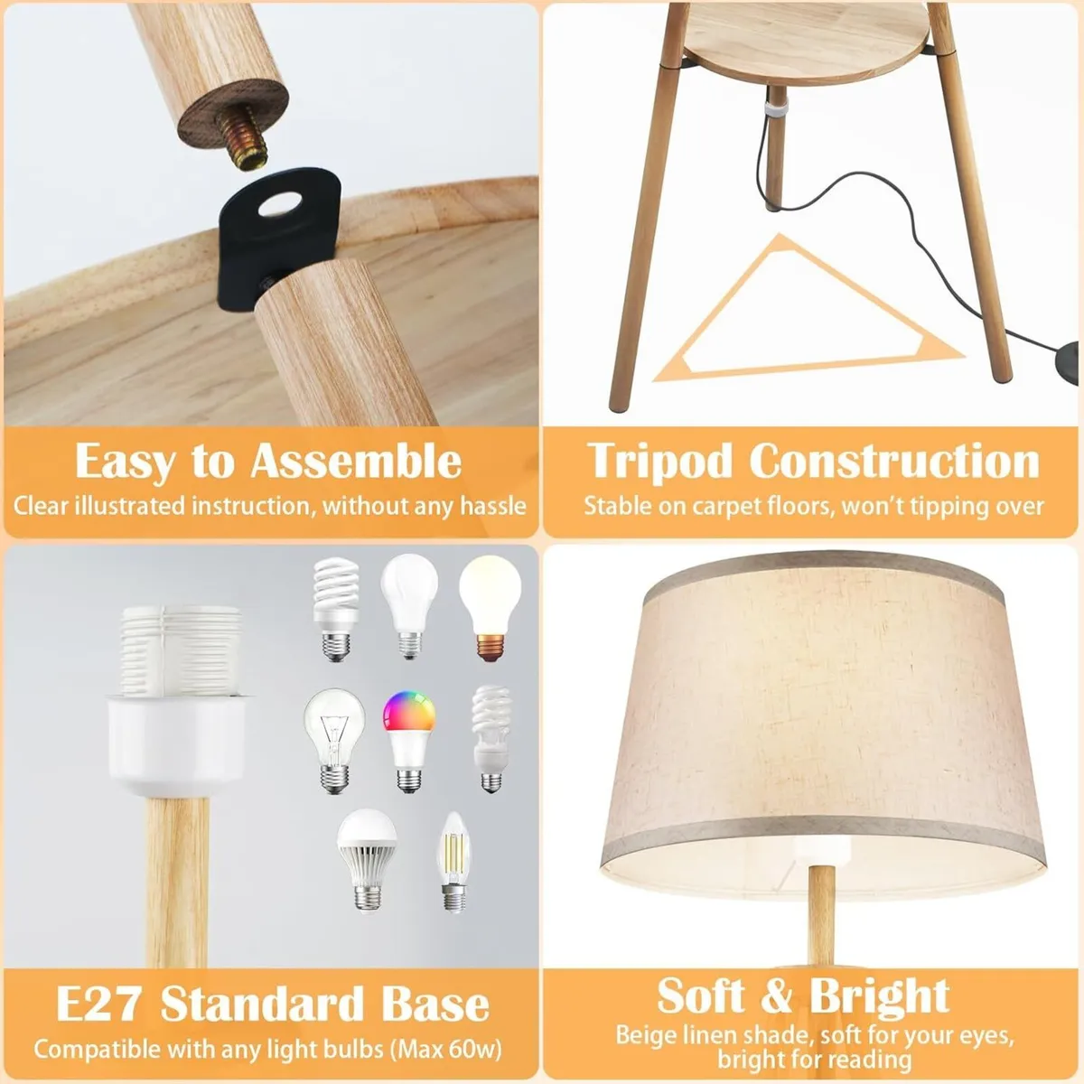 Wood Tripod Floor Lamp with Shelves Dimmable - Image 4