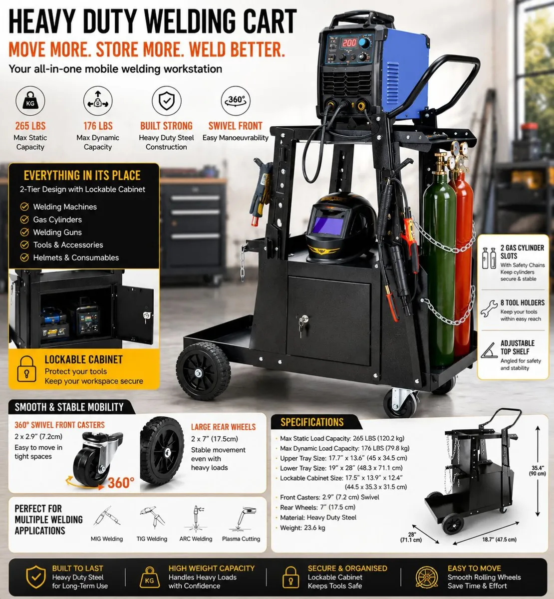 Heavy Duty Welding Cart with Lockable Cabinet and - Image 1