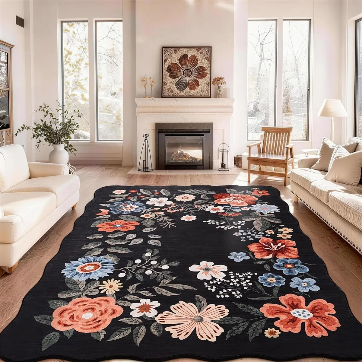 Floral Living Room Rug Vintage Scalloped Boho - Image 1