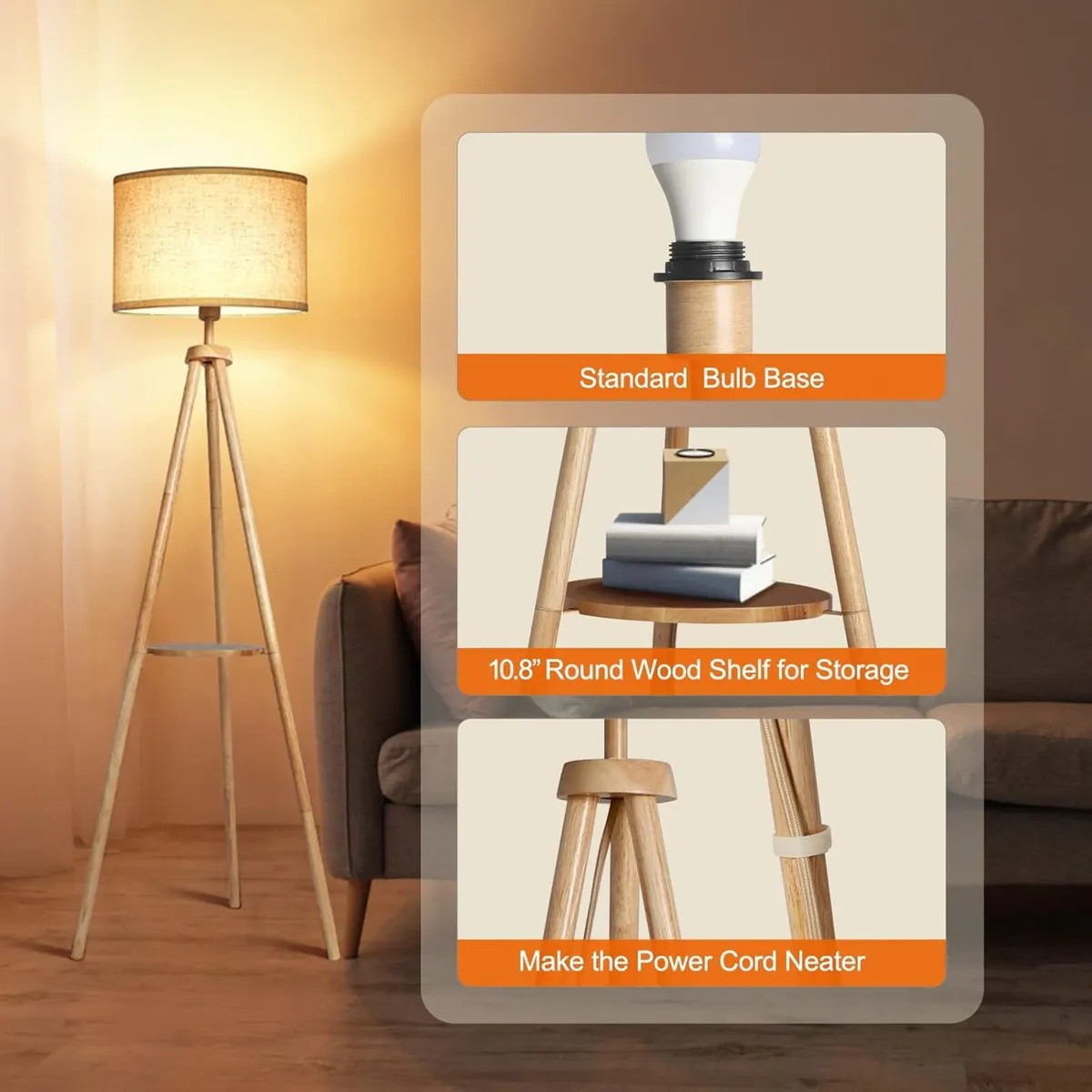 Solid Wooden Tripod Floor Lamp Bulb Included - Image 3