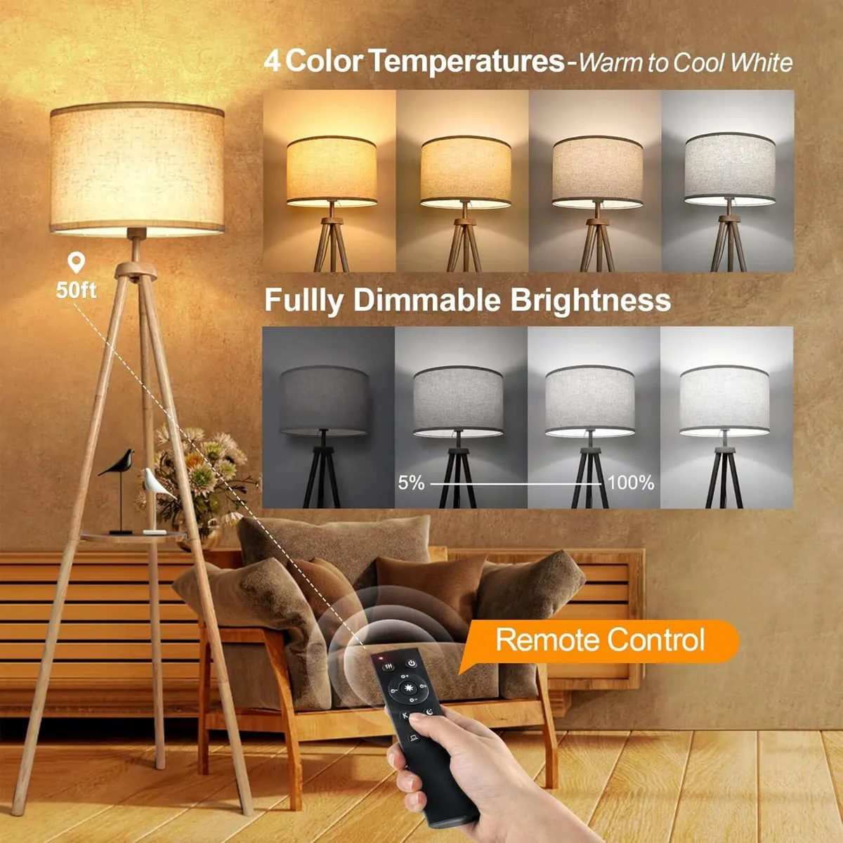 Solid Wooden Tripod Floor Lamp Bulb Included - Image 2
