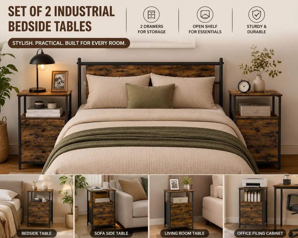 Set of 2 Industrial Bedside Tables with Drawers an - Image 2