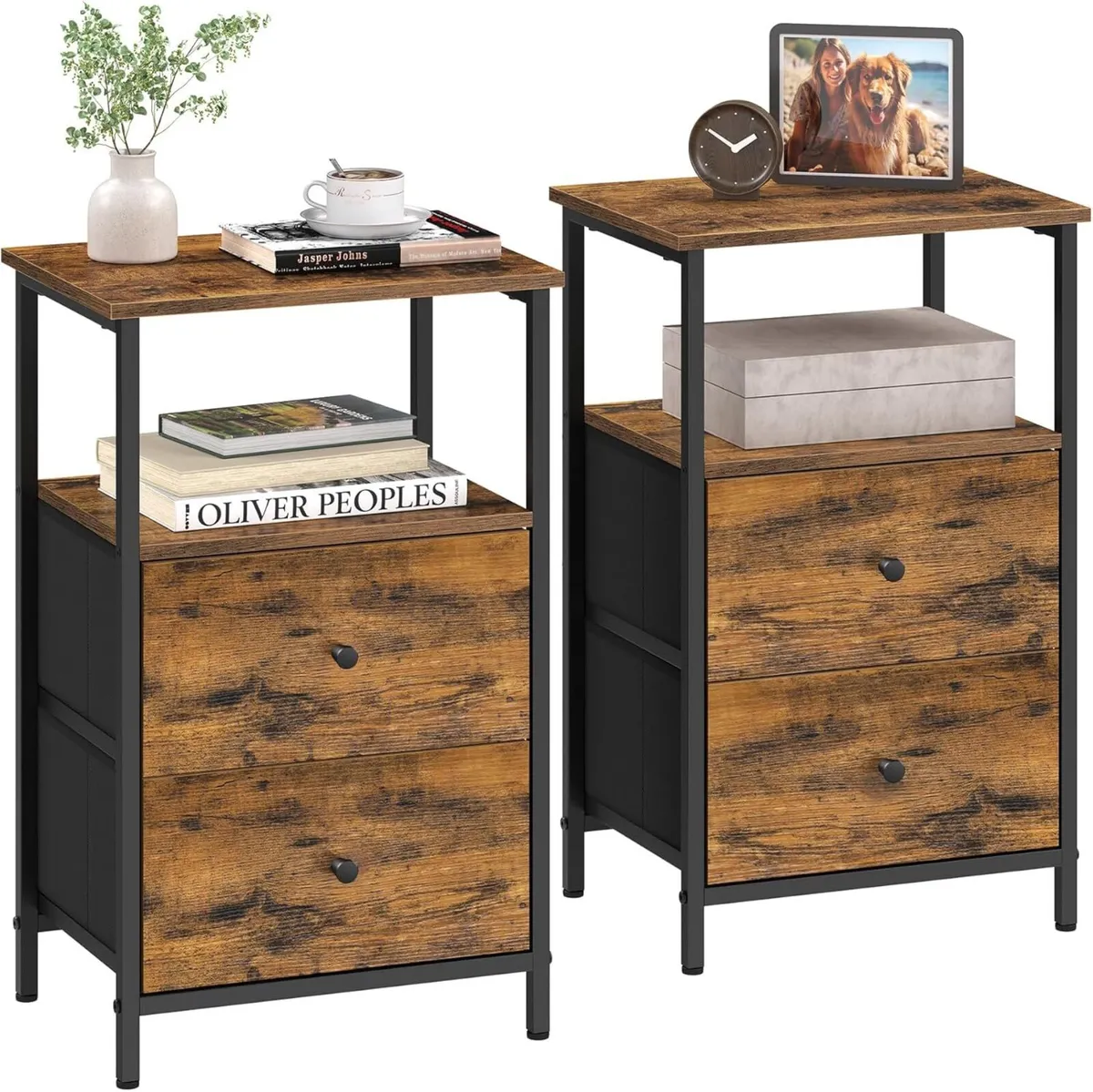 Set of 2 Industrial Bedside Tables with Drawers an - Image 3