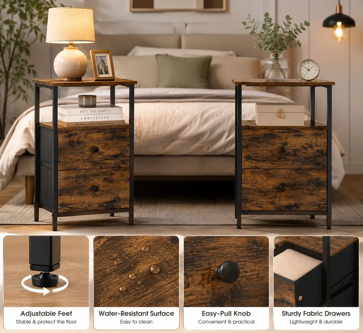Set of 2 Industrial Bedside Tables with Drawers an - Image 1
