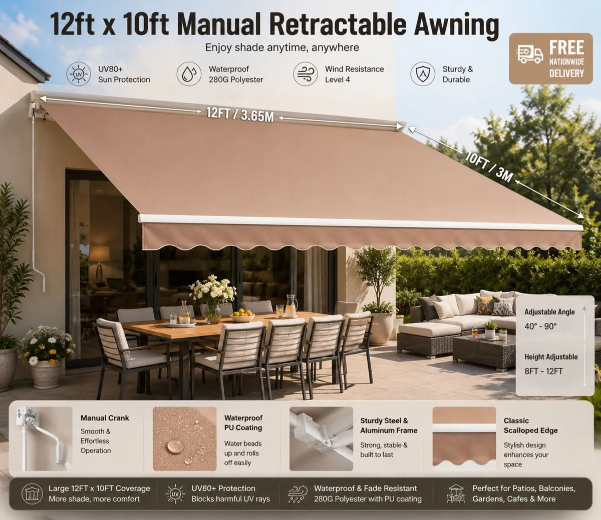 Manual Retractable Awning, 12 x 10 ft Outdoor Pati - Image 1
