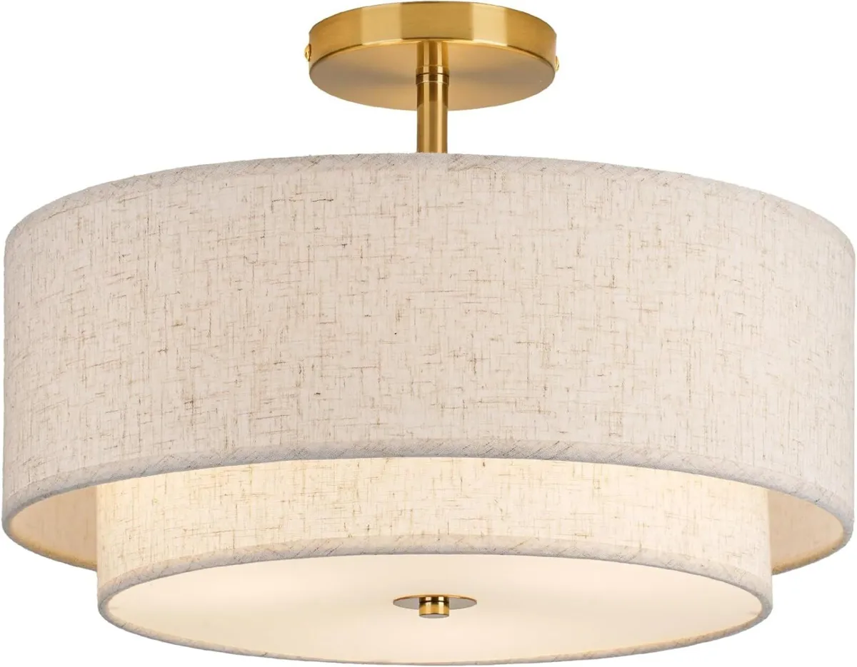 Dual Drum Gold 3-Light Semi Flush Mount Ceiling - Image 1