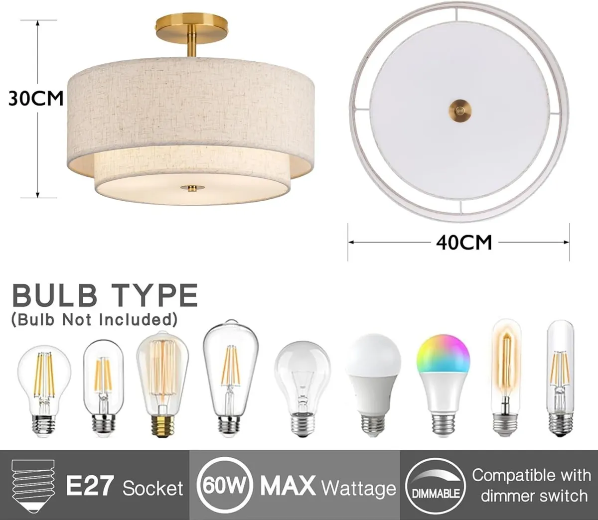 Dual Drum Gold 3-Light Semi Flush Mount Ceiling - Image 2