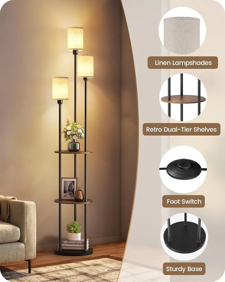 Floor Lamp with Shelves Industrial 3 Linen Shades - Image 4