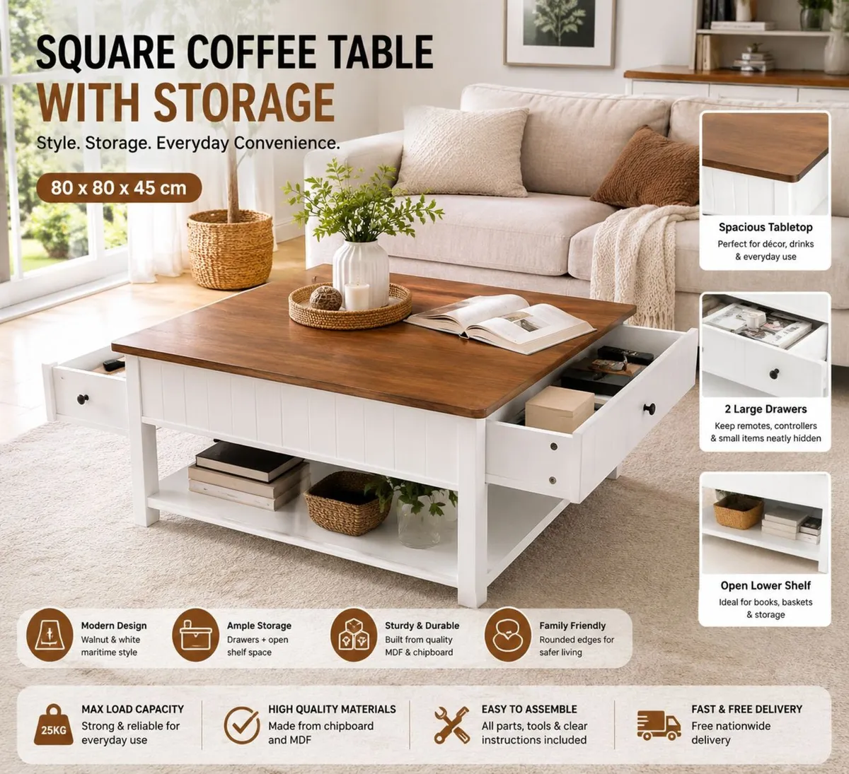 Square Coffee Table with Storage Drawers Walnut an - Image 1