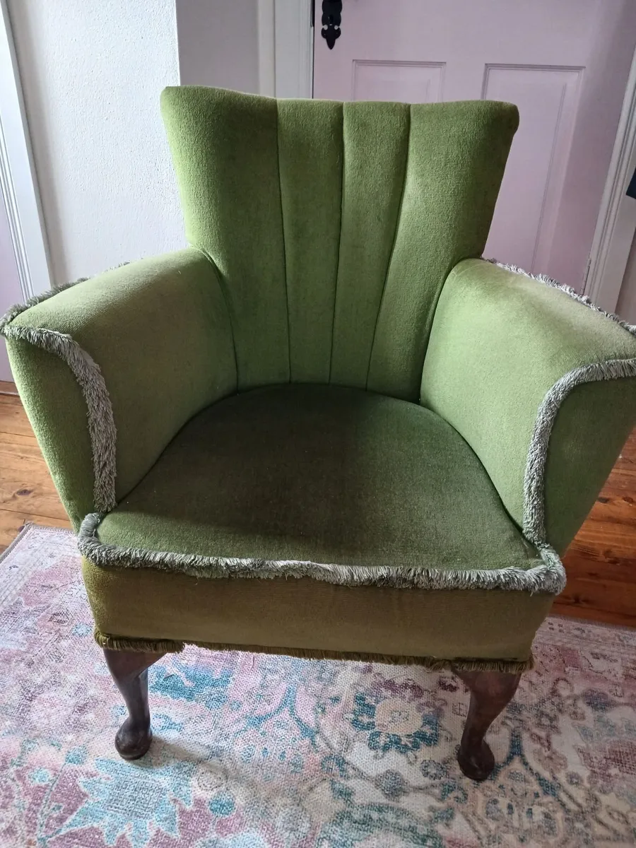 Art deco armchair in olive green velvet - Image 1