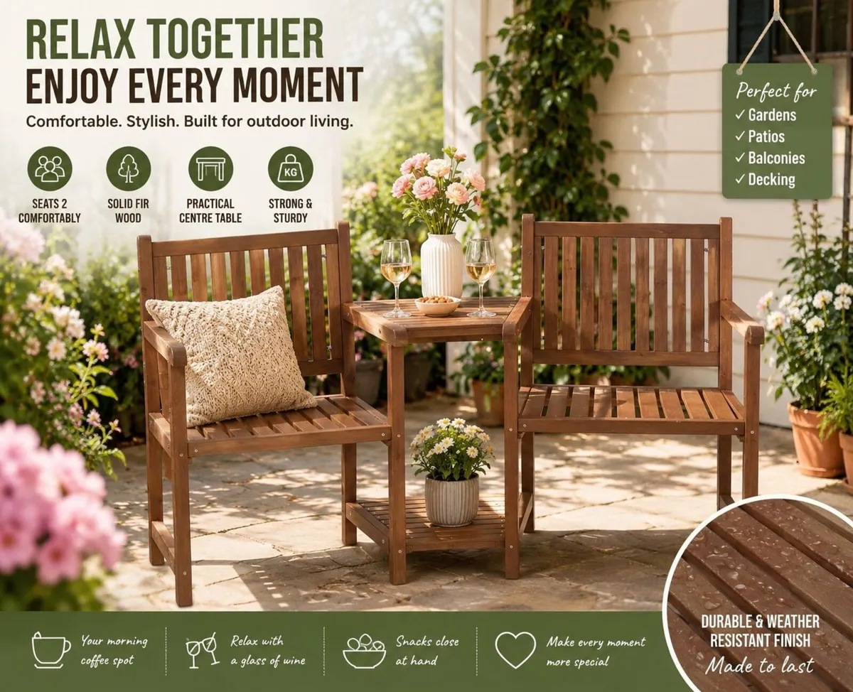2 Seater Wooden Garden Companion Bench with Table - Image 2