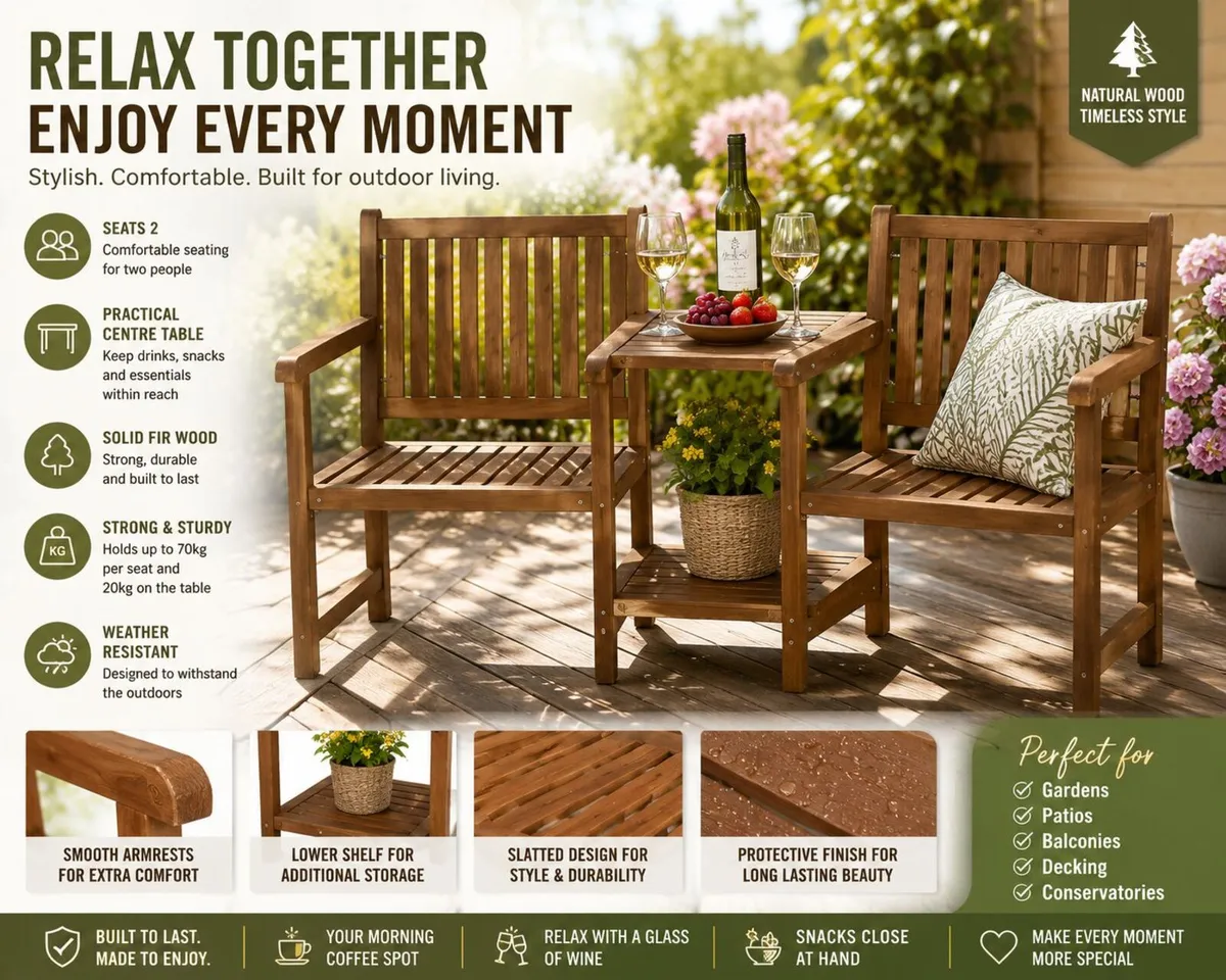 2 Seater Wooden Garden Companion Bench with Table - Image 1