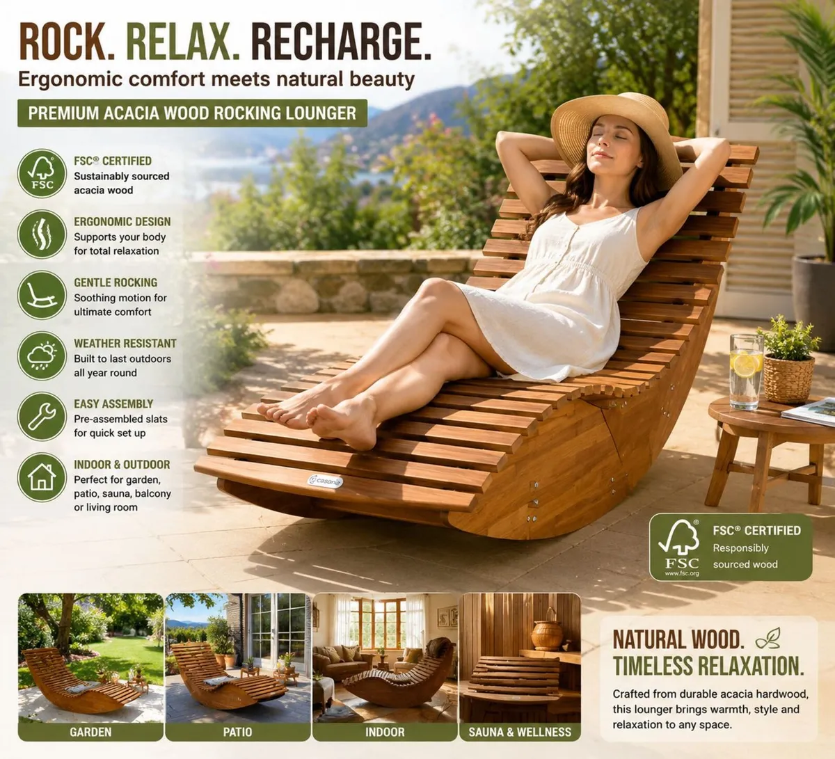 Luxury Acacia Wood Rocking Garden Lounger FSC Cert - Image 1