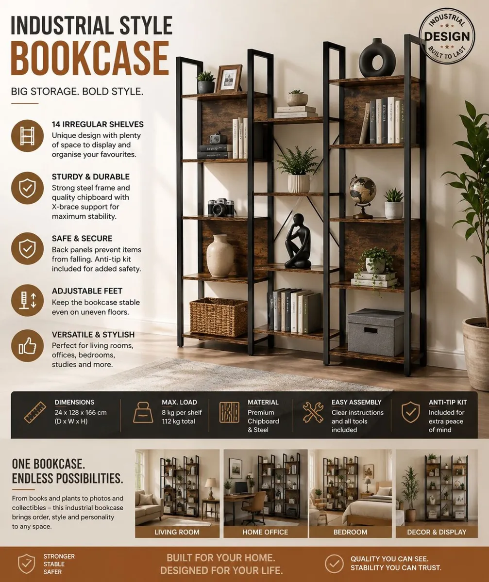 Industrial Style 14 Shelf Bookcase - Image 1
