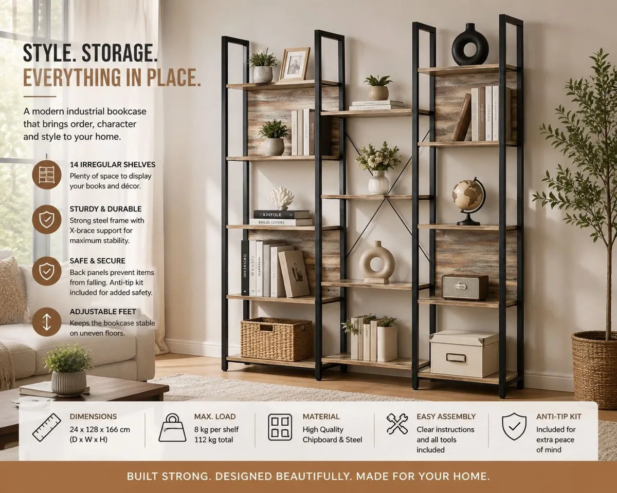 Industrial Style 14 Shelf Bookcase - Image 3