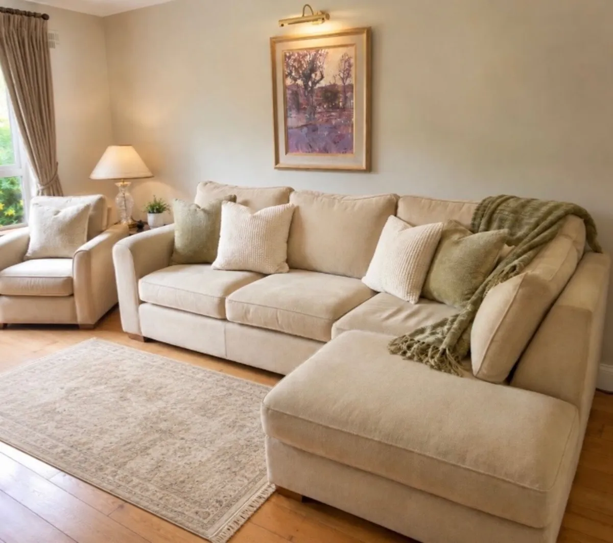 L shaped sofa, armchair & Ottoman
