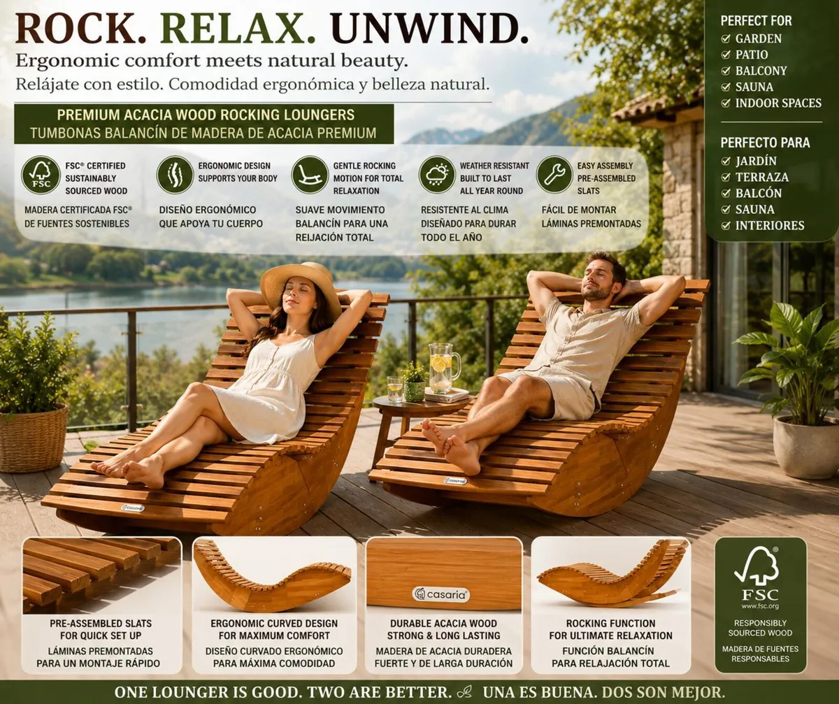 Set of 2 Acacia Wood Rocking Garden Loungers FSC C - Image 1