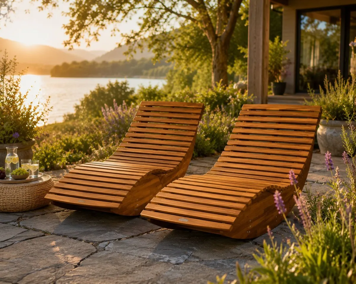 Set of 2 Acacia Wood Rocking Garden Loungers FSC C - Image 2