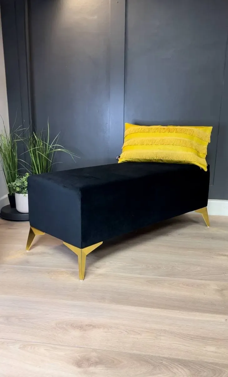 Handmade Velvet Bench with Metal Legs - Image 1