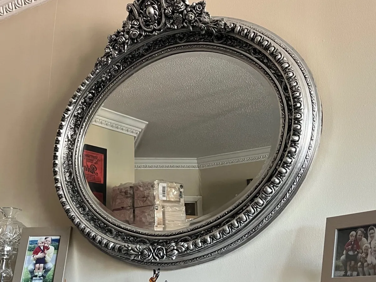 Large Ornate Antique Silver Oval Wall Mirror –