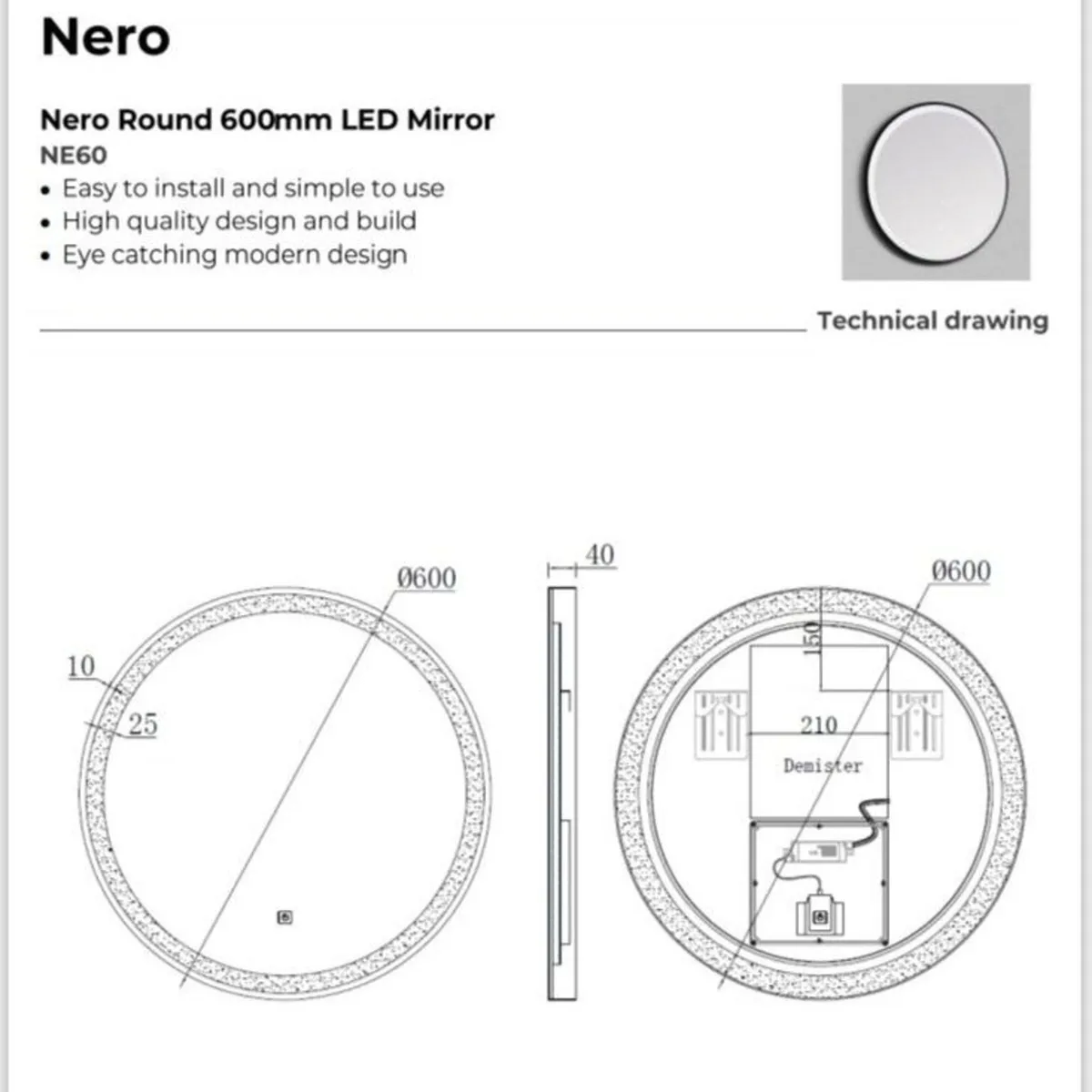 LED Bathroom Mirror Round|  Antifog 600mm - Image 3