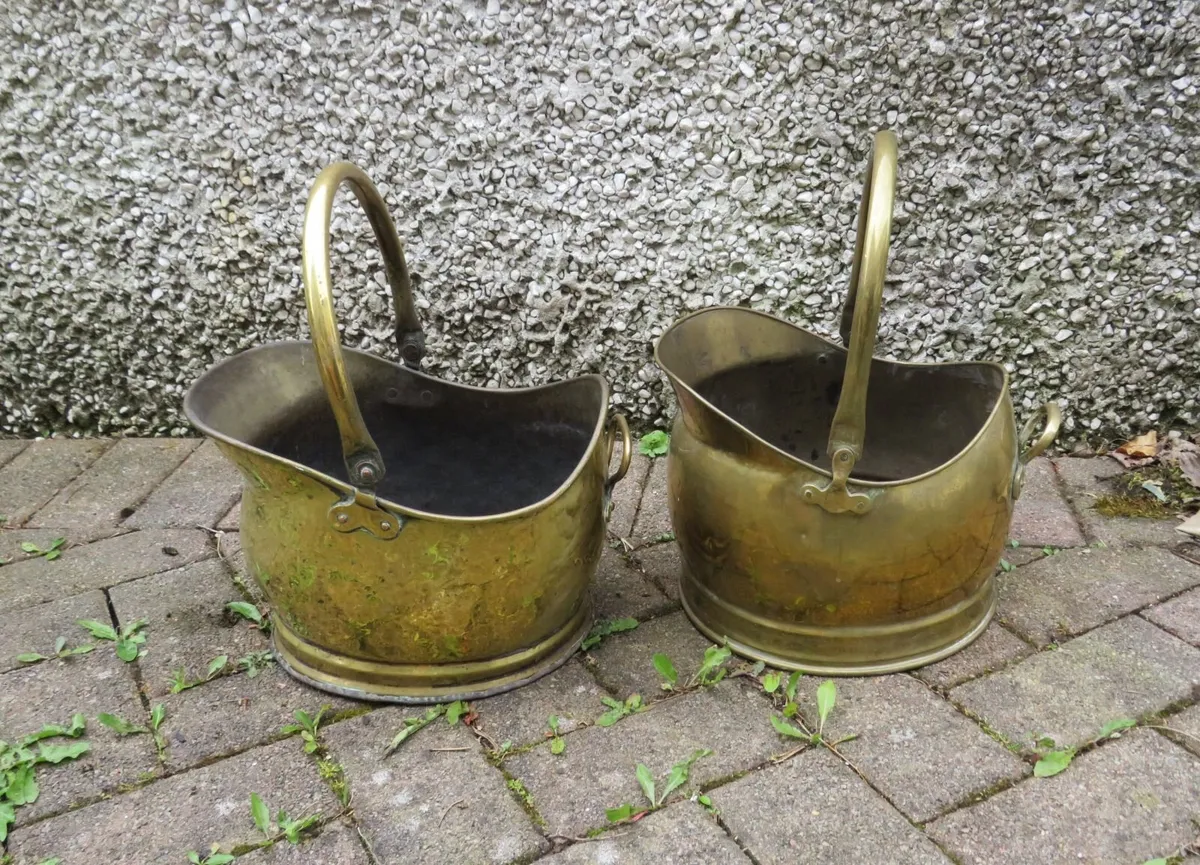 2 antique brass coal buckets - Image 1